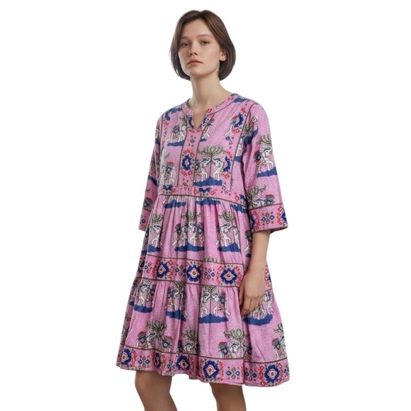 Mary Marshmallow Cotton Tiered Elephant Print Dress size M - Picture 12 of 12